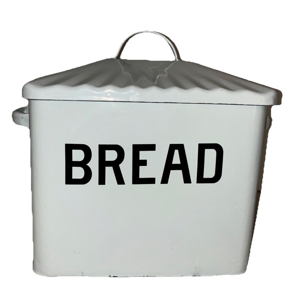 Bread Box Enamelware Metal Bin White Retro Shabby Chic Farmhouse 11x9x7.5"